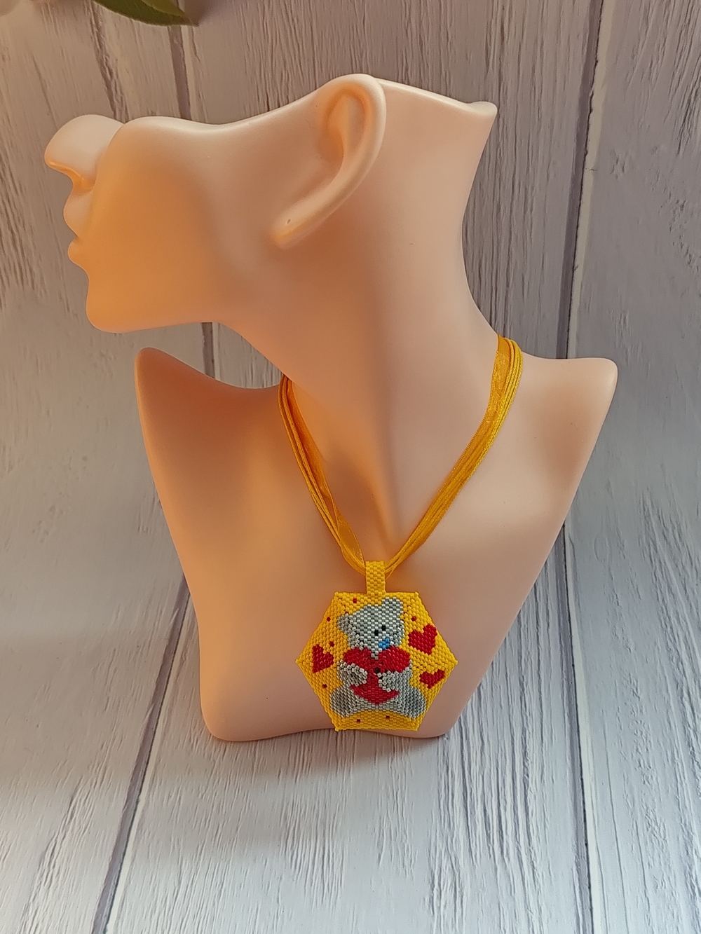 Handmade Beaded  Bear Pendant in Yellow & Red - Picture 11 of 13